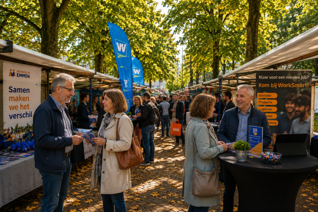 Bezoekers in gesprek met standhouders tussen de kramen op De Banenmarkt in Emmen